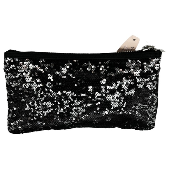 NWT Victoria's Secret Reversible Sequin Clutch Bag Black & Silver Zipper Closure - Picture 2 of 10